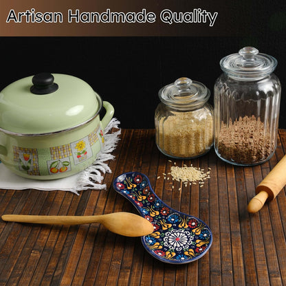 Handmade Spoon Rest, Ceramic Spoon Rest for Stove Top, 10" Spoon Rest for Kitchen Counter, Dishwasher Safe Spoon Holder for Stove, Housewarming Gifts Utensil Rest, Colorful Spoon Rests (Black)