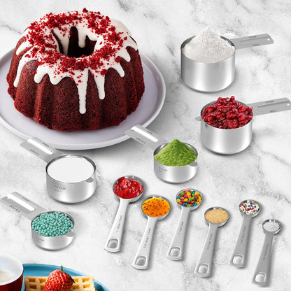 Magnetic Measuring Cups and Spoons Set, 7 Nesting Stainless Steel Measuring Cup Set with Easy to Read Markings, 7 Magnetic Measuring Spoons & 1 Leveler for Measuring Dry or Liquid Ingredients