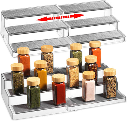 Oizeir 3–Tier Expandable Plastic Spice Rack - Adjustable Length, Stability with Non-Skid Shelf, Three Tiers for Easy Visibility, Organizer for Kitchen Cabinet, Pantry or Countertop, White/Grey