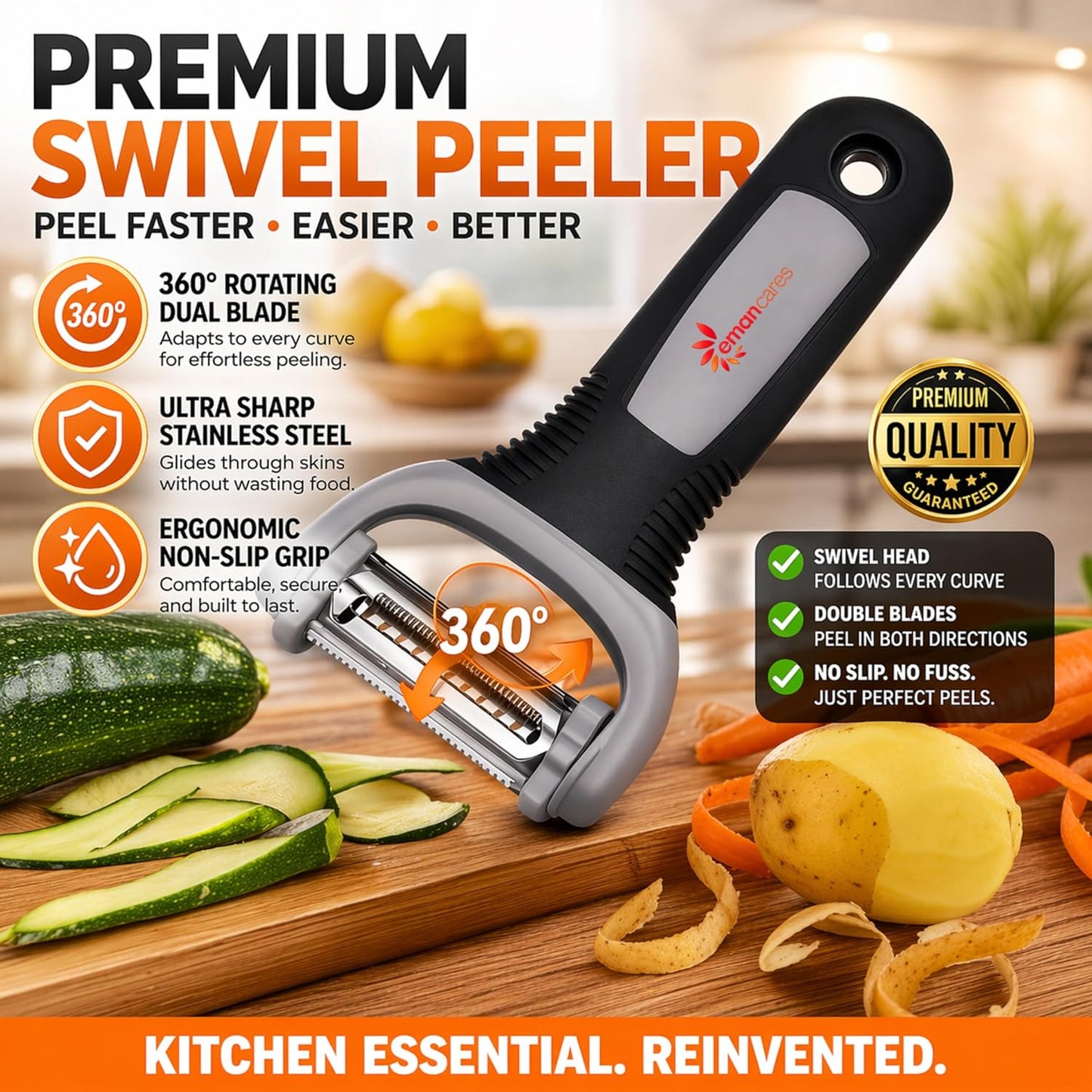 Fruits & Vegetables Peeler Set – Y Peeler Ultra-Sharp Stainless Steel Swivel Standard, Serrated, & Julienne Blades