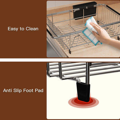 Over the Sink Expandable Dish Drainer Drying Rack In Stainless Steel for Small Kitchen, Counter Space Saving Modern Compact Metal Above Plate Dryer Strainer, Adjustable Hanging Inside Drain Holder