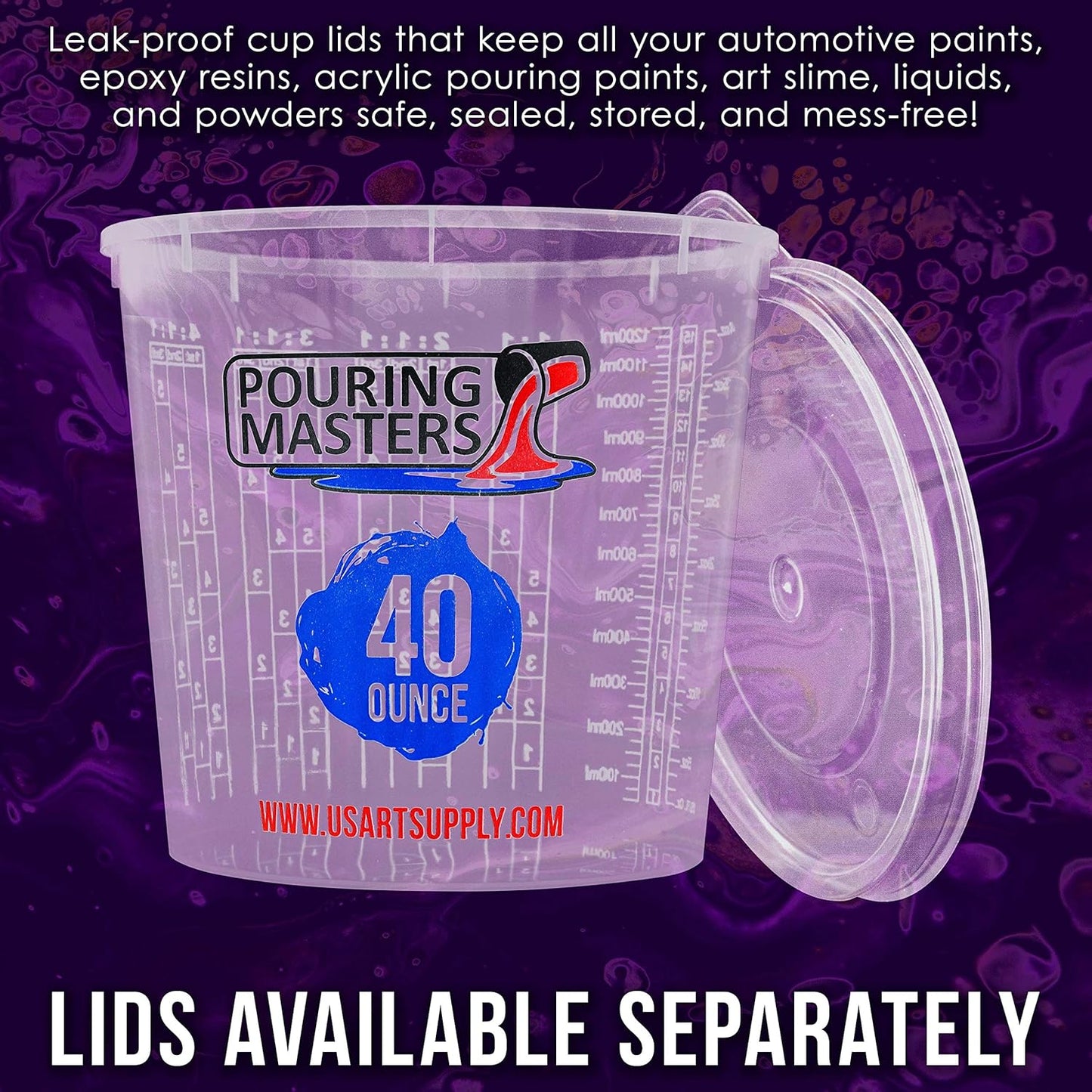 Pouring Masters 5 Oz (150 ml) Liquid Measuring Cups - Plastic Graduated Cup (50 Pack) with 25 Sticks - Reusable Mixing Cups for Paint, Craft, Kitchen, Lab, Medical Supplies, Epoxy Resin, Art