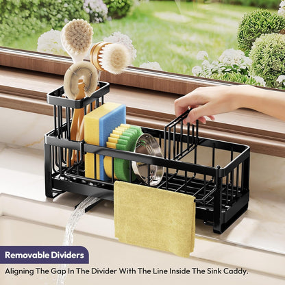 SWTYMIKI Sponge Holder for Kitchen Sink - Sink Caddy with Brush Holder Self-draining Sponge Caddy Organizer with Divider Stainless Steel Kitchen Accessories Storage for Countertop, Black