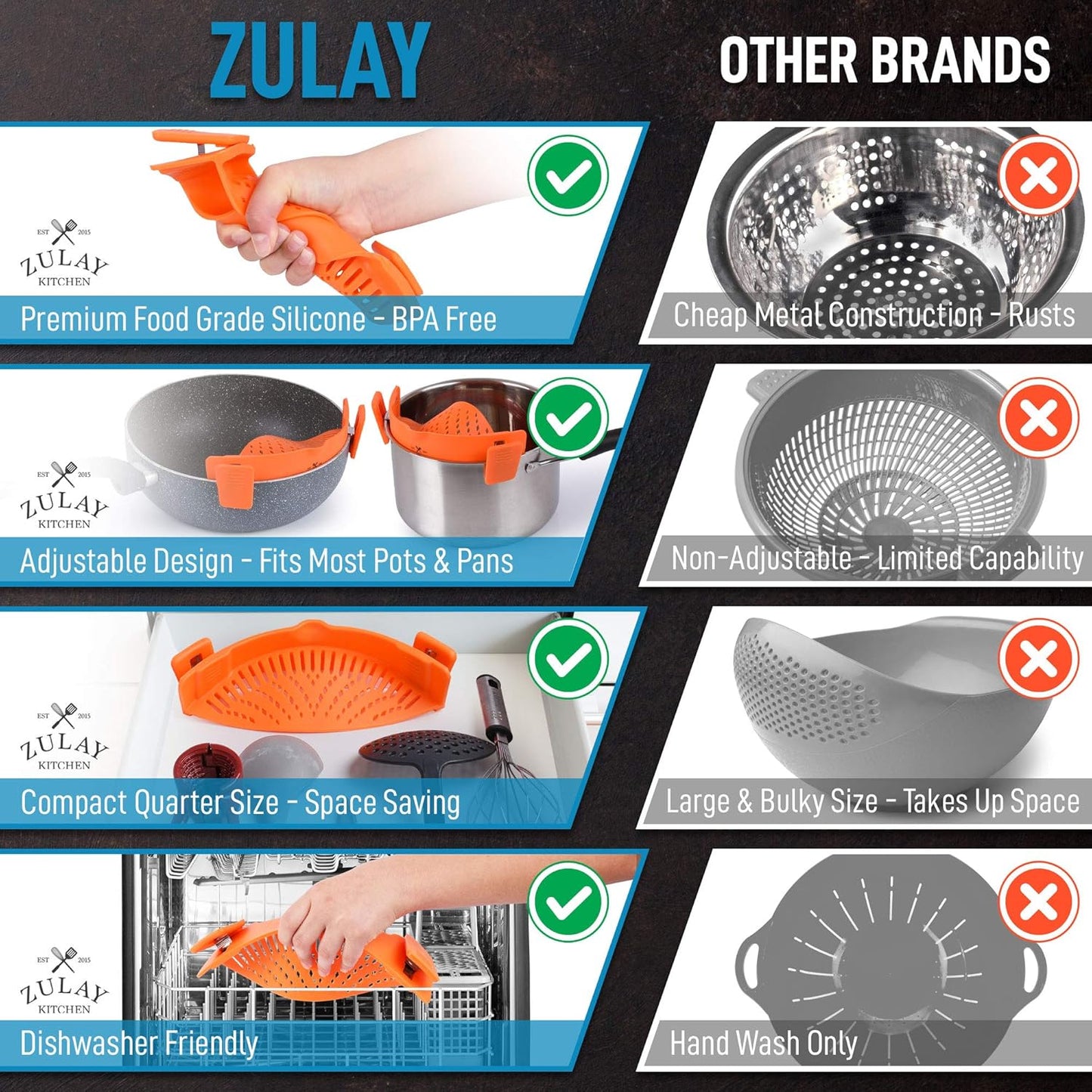 Zulay Silicone Pot Strainer - Adjustable Snap On Strainer For Most Pans & Pots - Food Grade, Heat Resistant, Colander For Draining Pasta, Fruits & Vegetables (Orange)