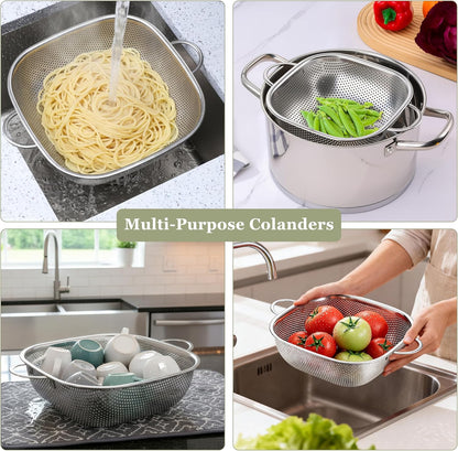 E-far 3 Pack Colander for Kitchen, Square Stainless Steel Metal Strainer Colander with Handle for Draining Food Pasta Vegetable, Micro-Perforated & Elevated Feet, Dishwasher Safe(2.4/4/6QT)