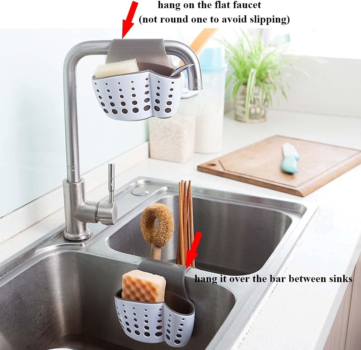 Kitchen Sink Caddy Sponge Holder, Saddle Faucet Organizer | Plastic Fitting Most Sink Rims, Removable Drain Basket Holding Sponges, Brushes & Stoppers Dry to Tidy Kitchen Sinks