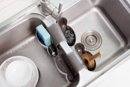 Kitchen Sink Caddy Sponge Holder, Saddle Faucet Organizer | Plastic Fitting Most Sink Rims, Removable Drain Basket Holding Sponges, Brushes & Stoppers Dry to Tidy Kitchen Sinks