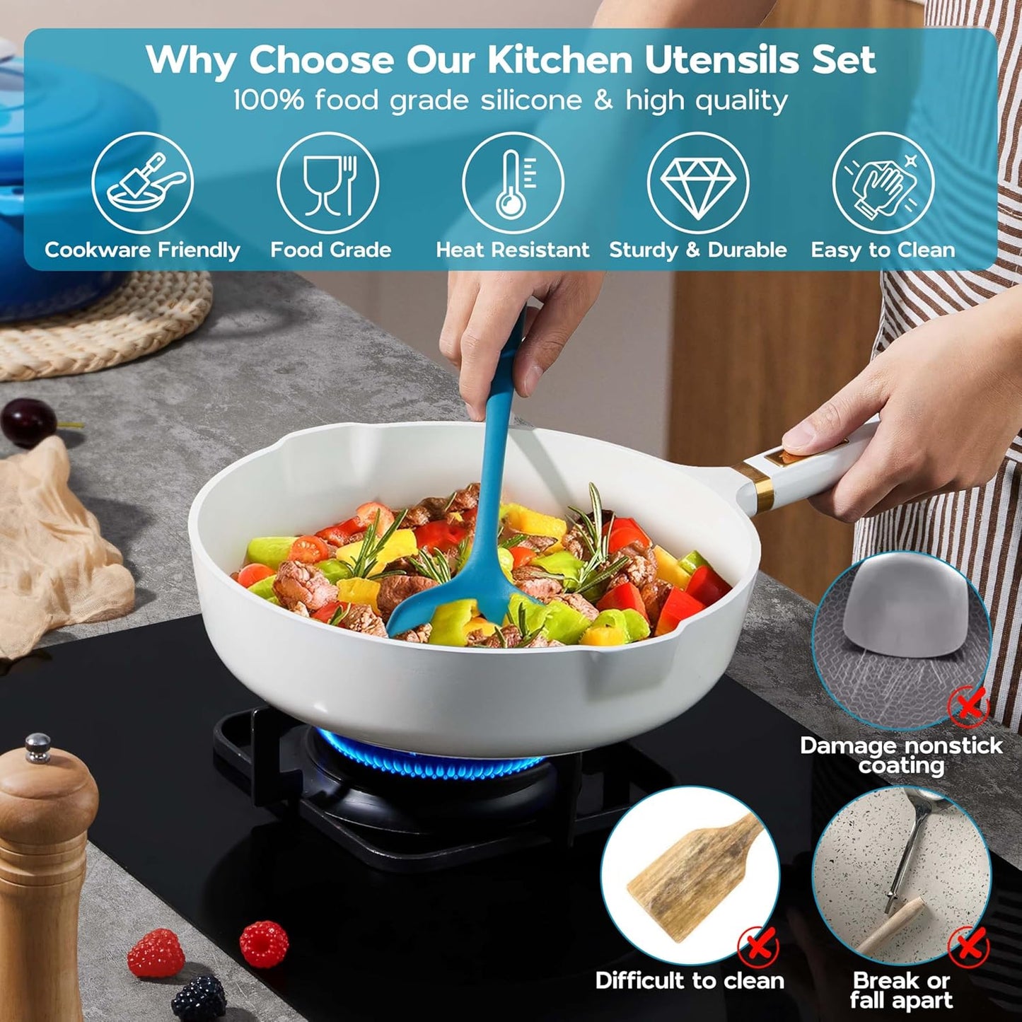 Onader Silicone Cooking Utensils Set of 10, Kitchen Utensils for Nonstick Cookware, Heat Resistant & Nontoxic Spatula Set- Khaki