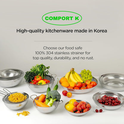 Shallow Stainless Steel Colander Set of 3 – Micro-Perforated Tray Strainers for Berries Vegetables Fruit, 18/8 304 Low Profile (2, 3, 4 Qt) Self-Draining Base, Dishwasher Safe, Made in Korea