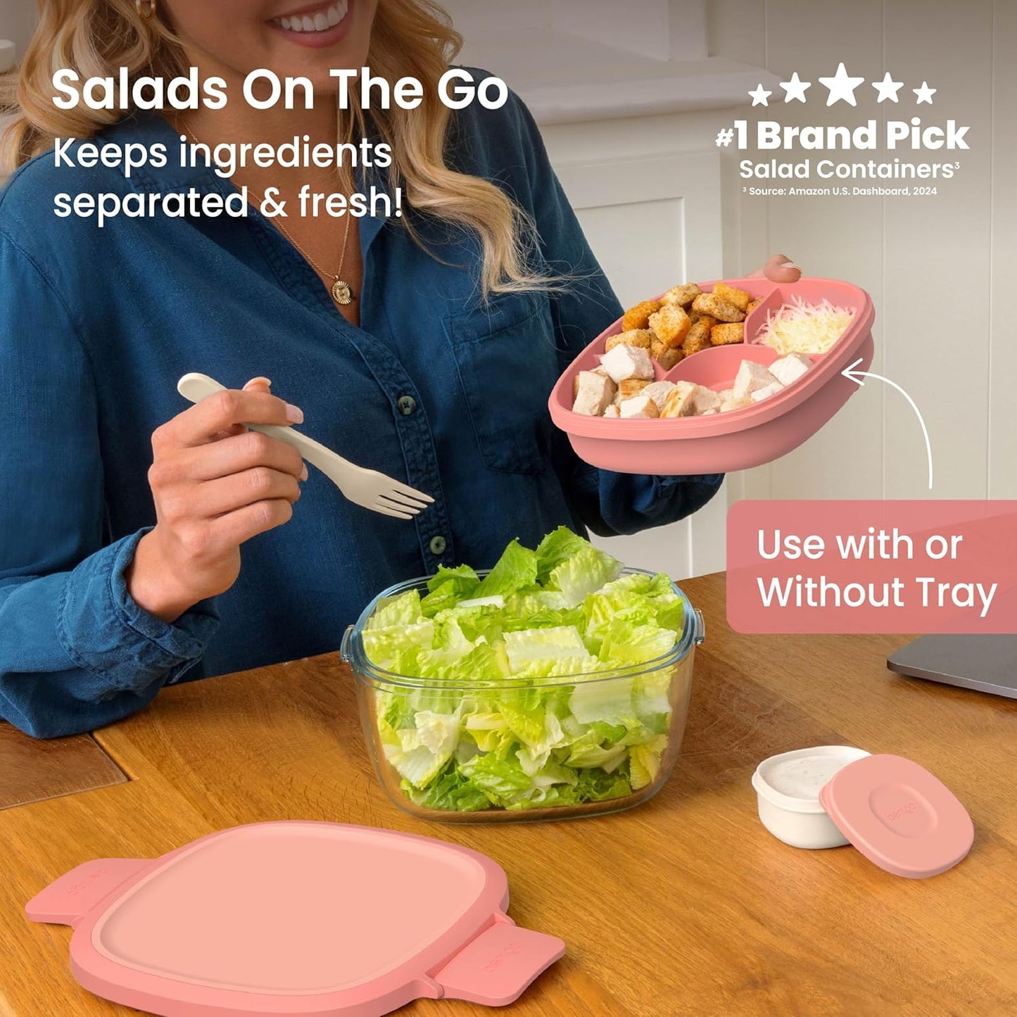 Bentgo Glass Prints Salad Container - 7.6-Cup Tinted Glass Salad Bowl with Airtight Lid, Leak-Proof Sauce Container, 4-Compartment Bento Meal Prep Tray & Reusable Fork (Floral Maximalist - Sea)
