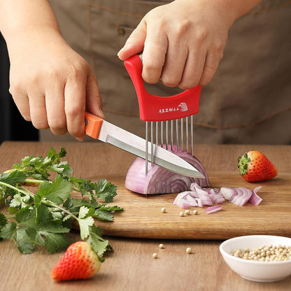 2PCS Onion Slicer Holder, XZZWLL Stainless Steel Onion Cutter for Slicing and Storage Onions, Tomato, Eggs and Vegetables, Protective Cover Included, Dishwasher Safe (Stylish Orange+ Red Color)