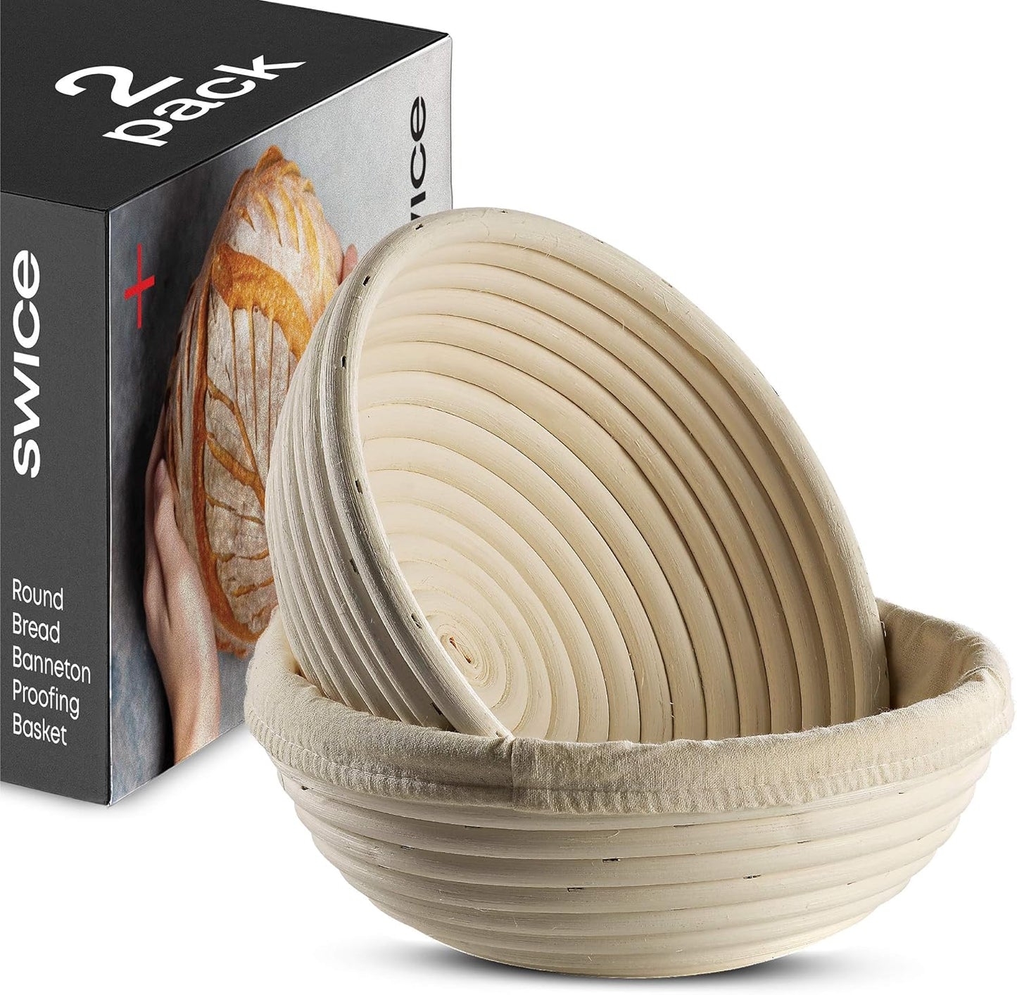 Swice Bread Proofing Basket, Round 9-Inch Banneton Sourdough Starter Kit with Lame, Dough Scraper, Linen Liner, and Basting Brush, Complete Bread Making Supplies and Tools