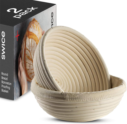 Swice Bread Proofing Basket, Round 9-Inch Banneton Sourdough Starter Kit with Lame, Dough Scraper, Linen Liner, and Basting Brush, Complete Bread Making Supplies and Tools