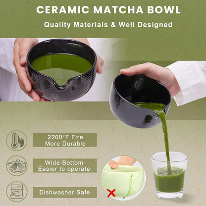 6-Piece Matcha Set, Matcha Whisk (Chasen) & Holder, Matcha Bowl with Spout, Sifter & Spoon, Bamboo & Ceramic, Dark Green