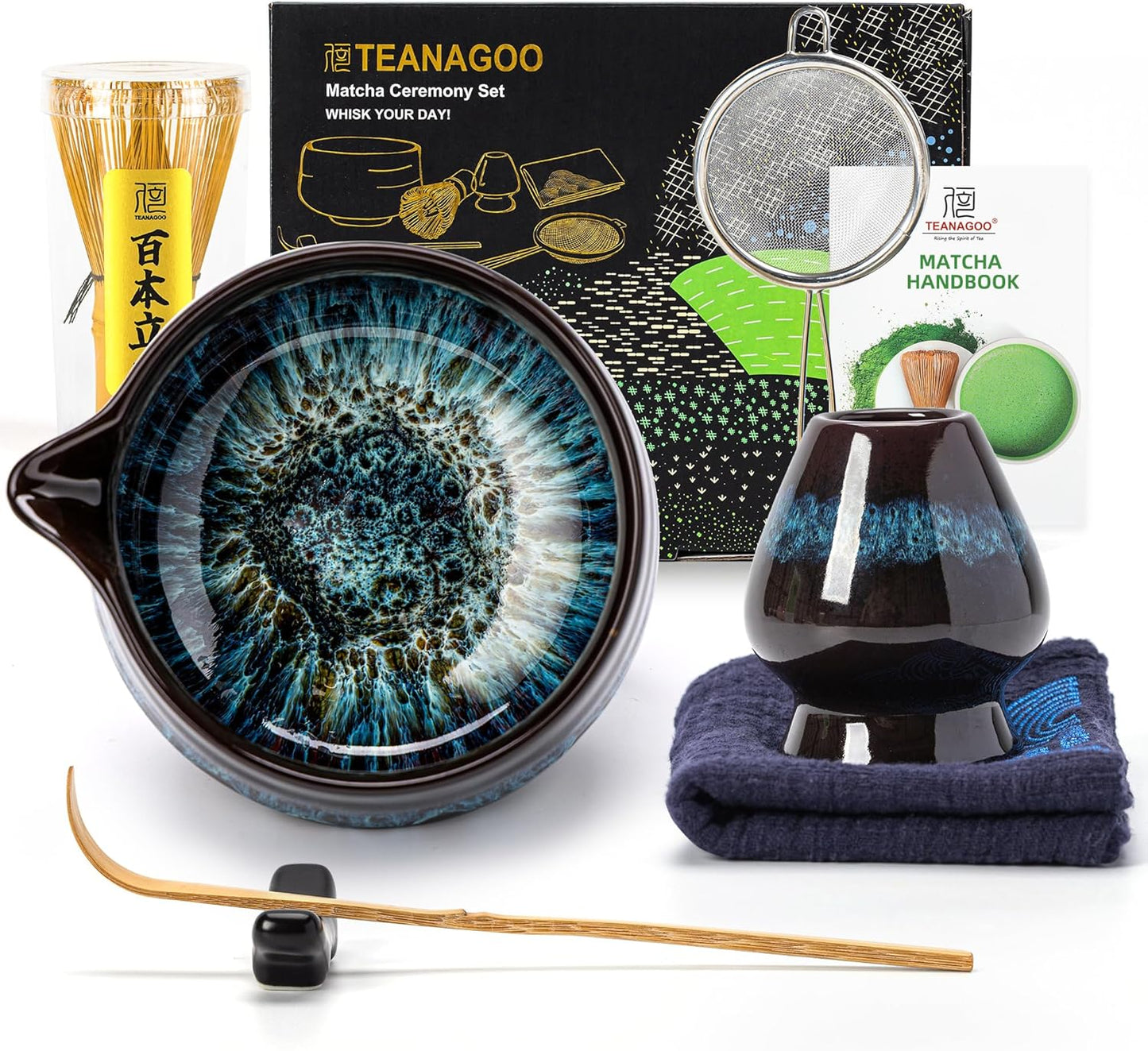 TEANAGOO Matcha Whisk Set, 7 Pcs Matcha Set Blue, Matcha Kit for Ceremony, Matcha Tea Set for Making Breakfast/Latte, Ceramic Matcha Bowl(chawan) whith Spout and Whisk, Gift for Friend/Family