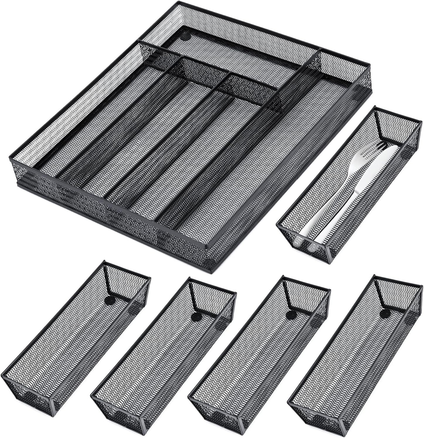 Neudeco Silverware Drawer Organizer - 5 Compartment Cutlery Tray with Non-Slip Feet, Mesh Wire Flatware Storage Divider for Kitchen, Bedroom, Living Room (Silver)