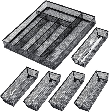Neudeco Silverware Drawer Organizer - 5 Compartment Cutlery Tray with Non-Slip Feet, Mesh Wire Flatware Storage Divider for Kitchen, Bedroom, Living Room (Silver)