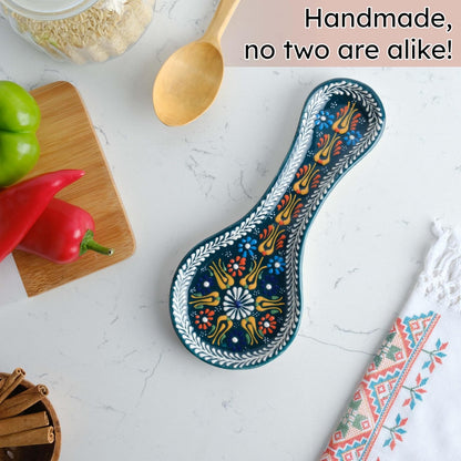 Handmade Spoon Rest, Ceramic Spoon Rest for Stove Top, 10" Spoon Rest for Kitchen Counter, Dishwasher Safe Spoon Holder for Stove, Housewarming Gifts Utensil Rest, Colorful Spoon Rests (Black)