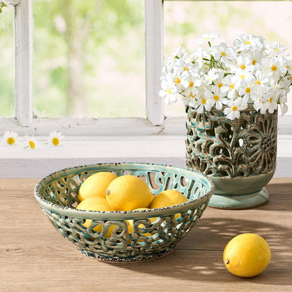 SIDUCAL Ceramic Fruit Bowl for Kitchen Counter,Decorative Fruit Basket with Holes, 10.43" Large Hollow Out Fruit Vegetable Holder Bowl for Table Decor, Gray