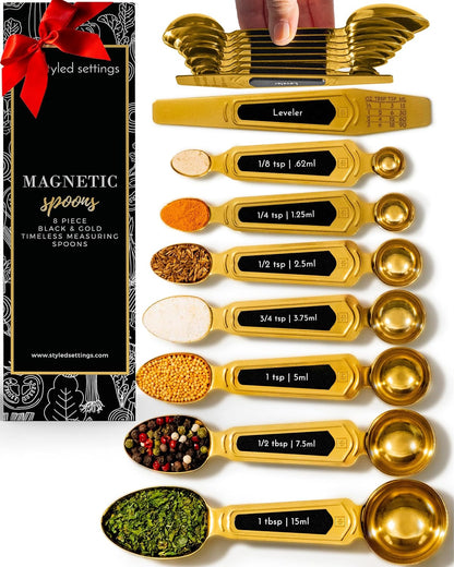 White and Gold Measuring Spoons with Leveler - Featuring 8PC Upgraded Style, Dual-Sided, Stackable, Stainless Magnetic Measuring Spoons Set - Fits in Spice Jars, White and Gold Kitchen Accessories
