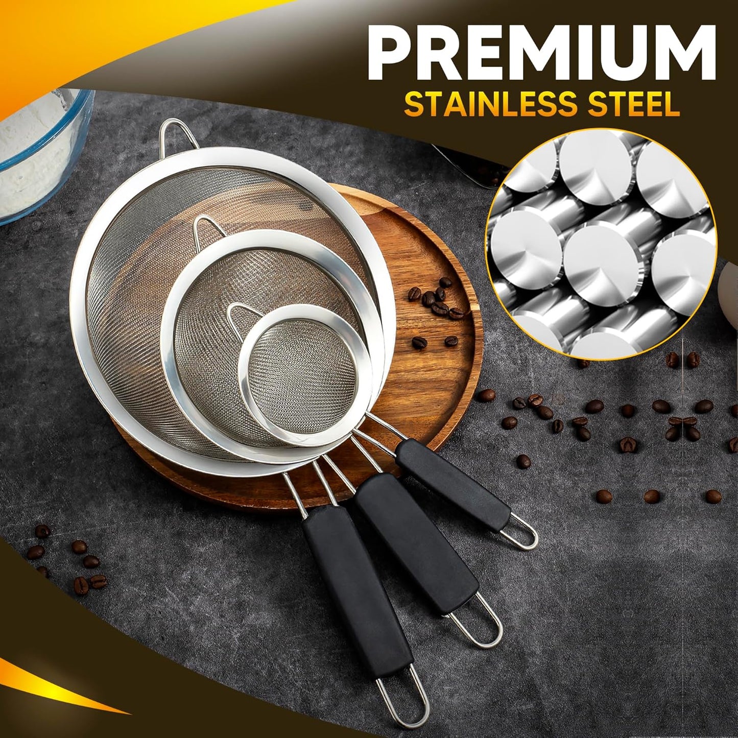 Set of 3 Fine Mesh Strainers for Kitchen | 3.4 inch, 5.5 inch and 7.9 inch Stainless Steel Strainer