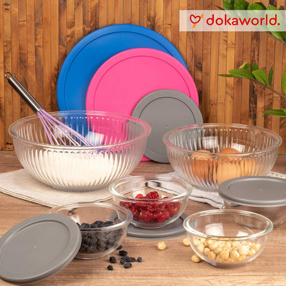 Set of 5 Nesting Glass Bowls with New Updated Acacia Lids for Foodprep, Storage, Mixing & Cooking - Microwave & Oven-ready BPA Free Durable Heat Resistant Inert Borosilicate Glass