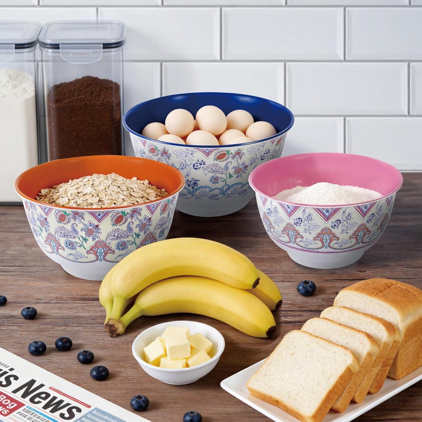 TP Large Mixing Bowl Set with Lids, Melamine Nesting Bowls Set for Pasta Baking Salad Mixing, Set of 3, Aztec Bloom