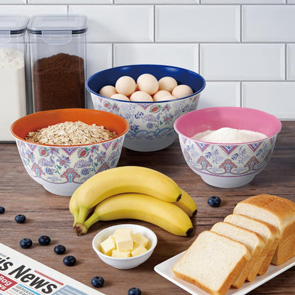 TP Large Mixing Bowl Set with Lids, Melamine Nesting Bowls Set for Pasta Baking Salad Mixing, Set of 3, Aztec Bloom