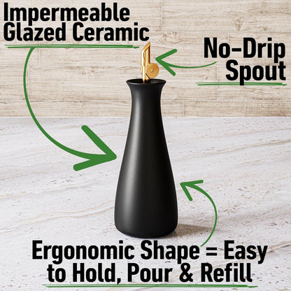 HB Design Co. Ceramic Olive Oil Dispenser with Self-Closing Gold Spout - 530 ML Capacity Matte White Ceramic Oil Dispenser for Kitchen - Leak Proof EVOO Dispensing Bottle