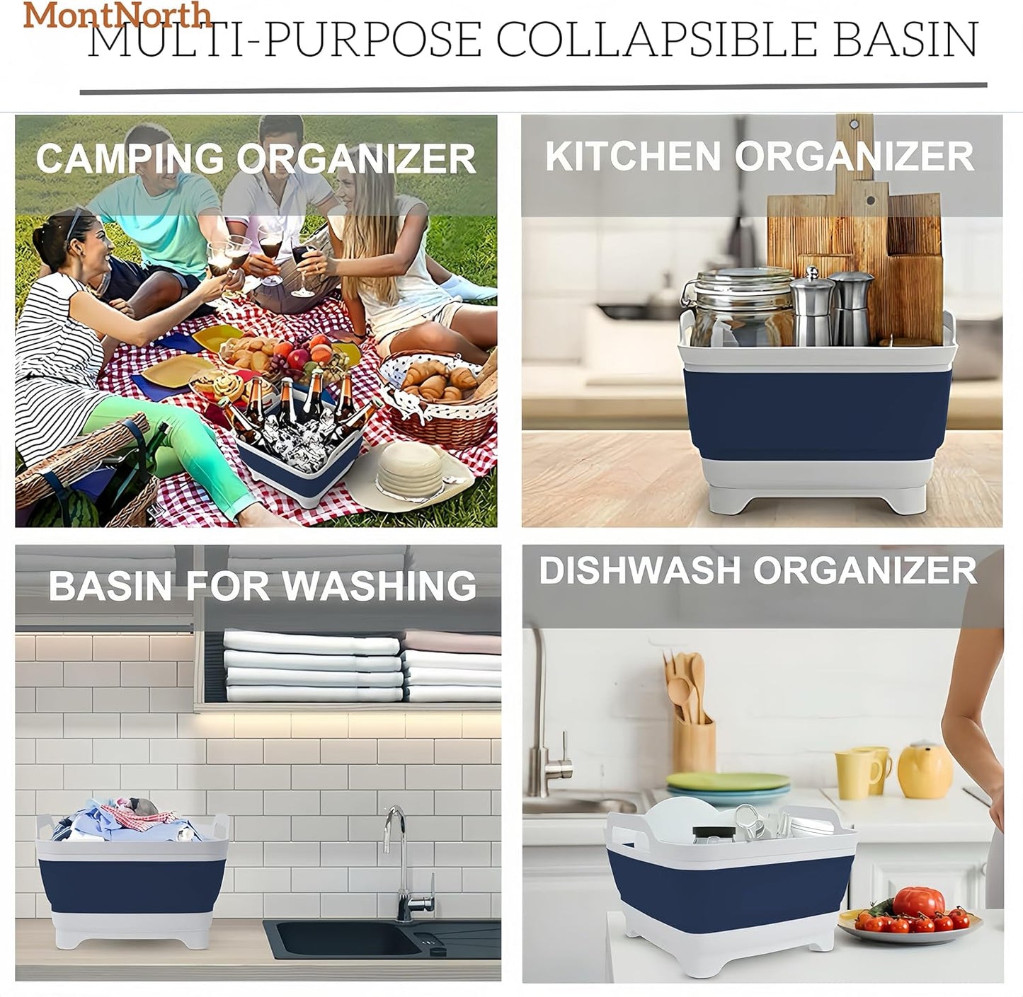 MontNorth Collapsible Wash Basin 9L, Foldable Dish Tub with Drain Plug, Portable Collapsible Dish Basin, Camping Sink for Washing Dishes, Laundry & Kitchen Use,Gray