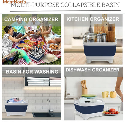 MontNorth Collapsible Wash Basin 9L, Foldable Dish Tub with Drain Plug, Portable Collapsible Dish Basin, Camping Sink for Washing Dishes, Laundry & Kitchen Use,Gray