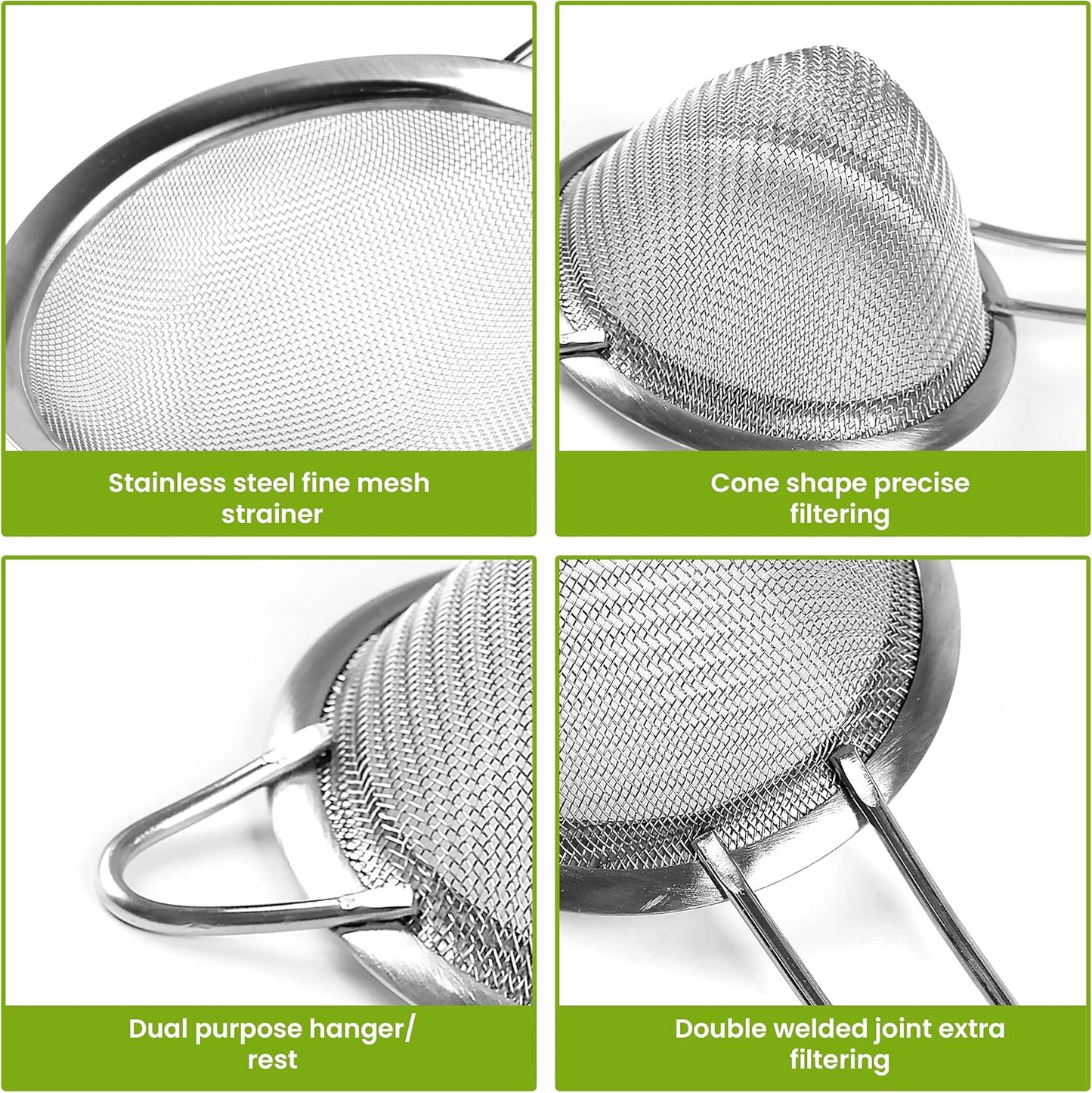 8" Large Fine Mesh Strainer with thermo plastic rubber handle - Sieve Fine Mesh Stainless Steel - Ideal to Strain Pasta, Quinoa and Rice.
