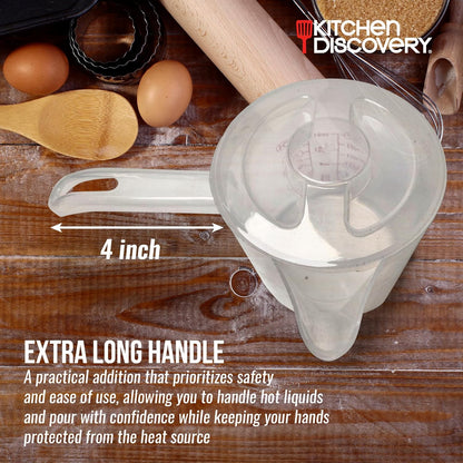 Microwavable Measuring Cup – Kitchen Discovery – 2 Cup Plastic Measuring Cup with Spout, Lid, and Extended Handle for Safe Boiling and Pouring – Microwave Safe Measuring Cup