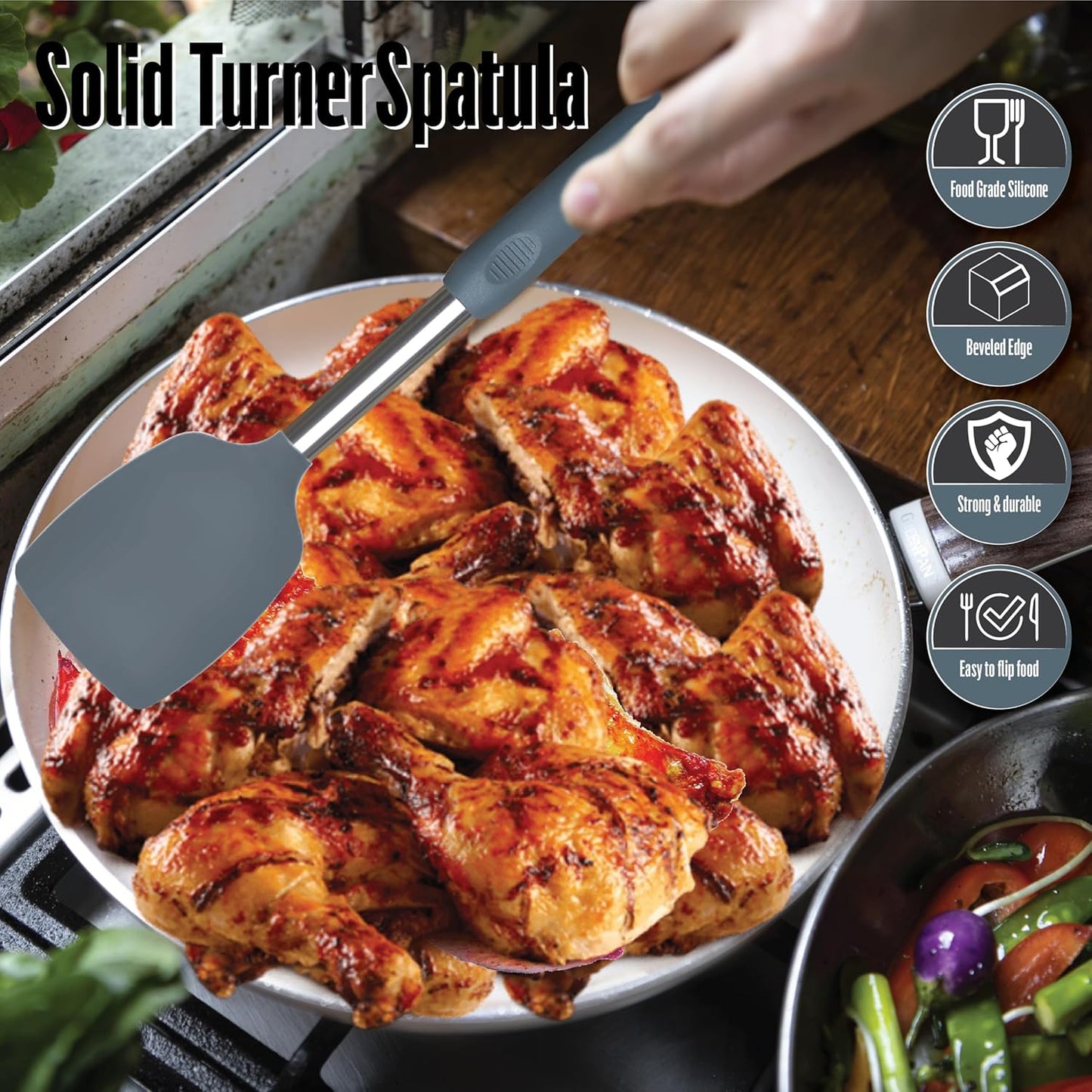 Silicone Spatula Set (2-Pc) - 600°F Heat Resistant, BPA Free, Non-Scratch, Dishwasher Safe I Slotted & Solid Kitchen Spatula Turners I Ideal for Eggs, Pancakes, Fish I Stainless Steel I Gray