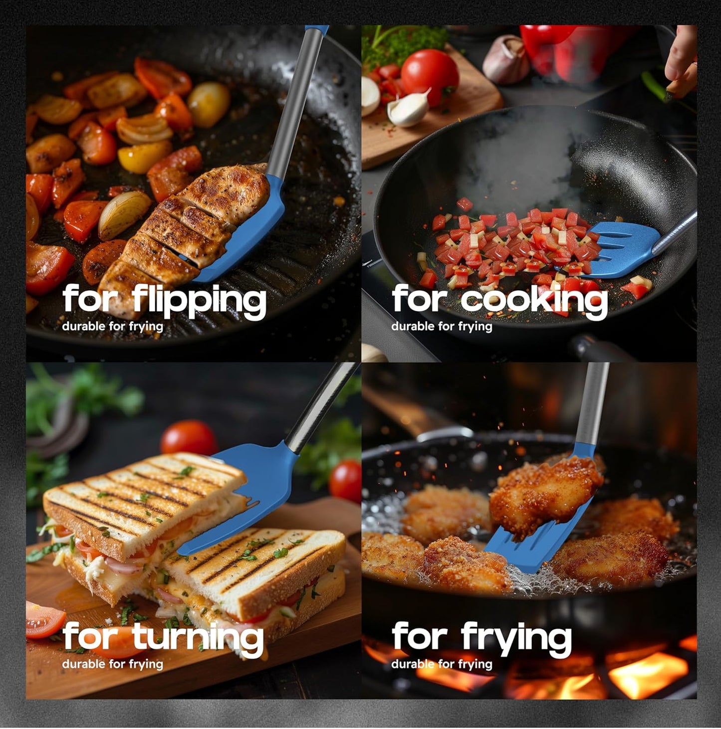 BakeRoyal Silicone Spatula Set - Turner Spatulas Silicone Heat Resistant 600°F - Slotted & Solid Spatula for Cooking Fish, Eggs, Pancakes Flipper – Spatulas for kitchen use – Royal Blue