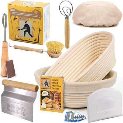 CRISS ELITE 11" Oval Banneton Proofing Basket Set of 2 - Sourdough Starter Kit with Bread Lame, Danish Whisk, Metal & Bowl Scrapers, Cleaning Brush - Professional Artisan Baker Gift Set