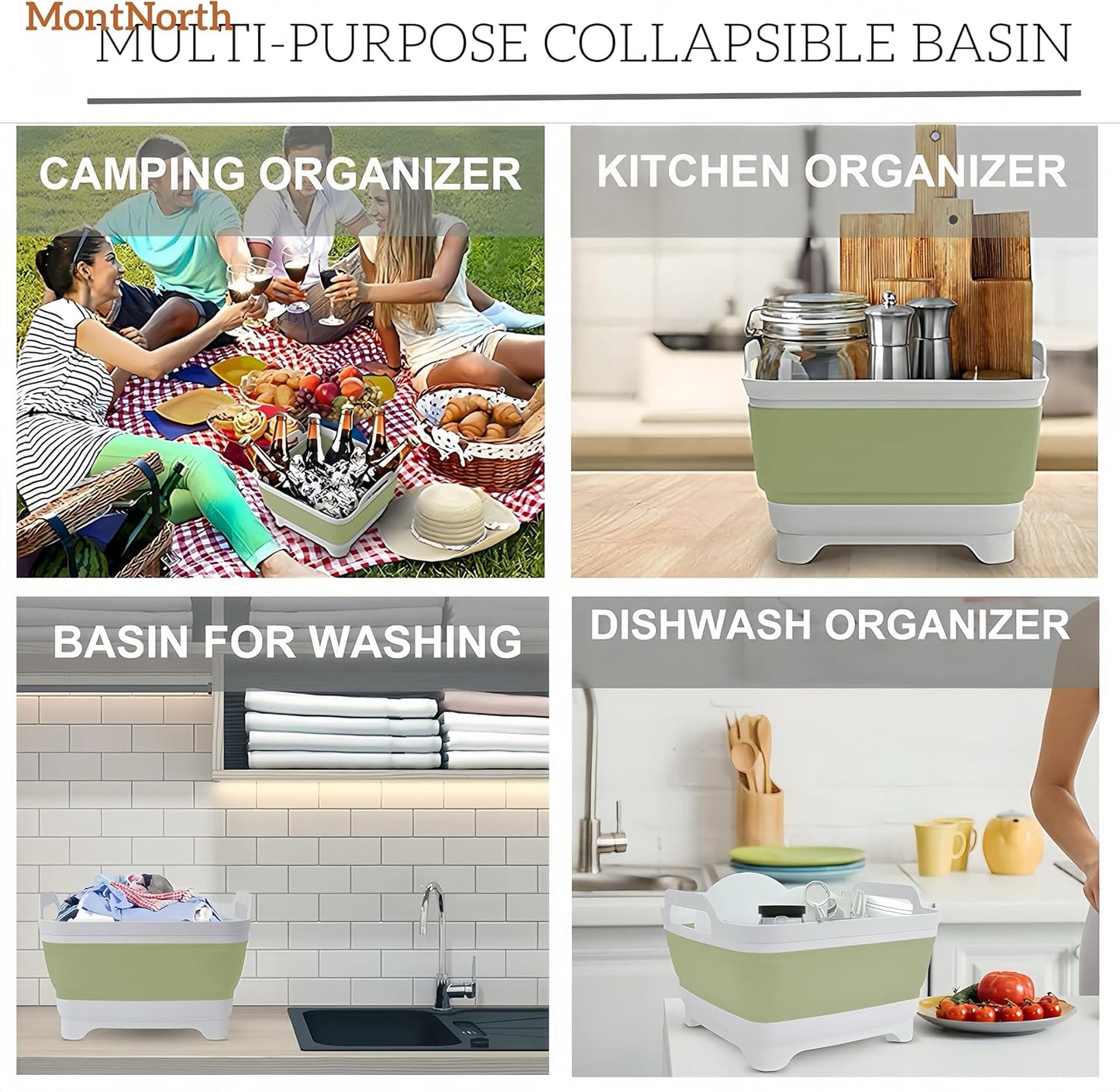 MontNorth Collapsible Wash Basin 9L, Foldable Dish Tub with Drain Plug, Portable Collapsible Dish Basin, Camping Sink for Washing Dishes, Laundry & Kitchen Use,Gray