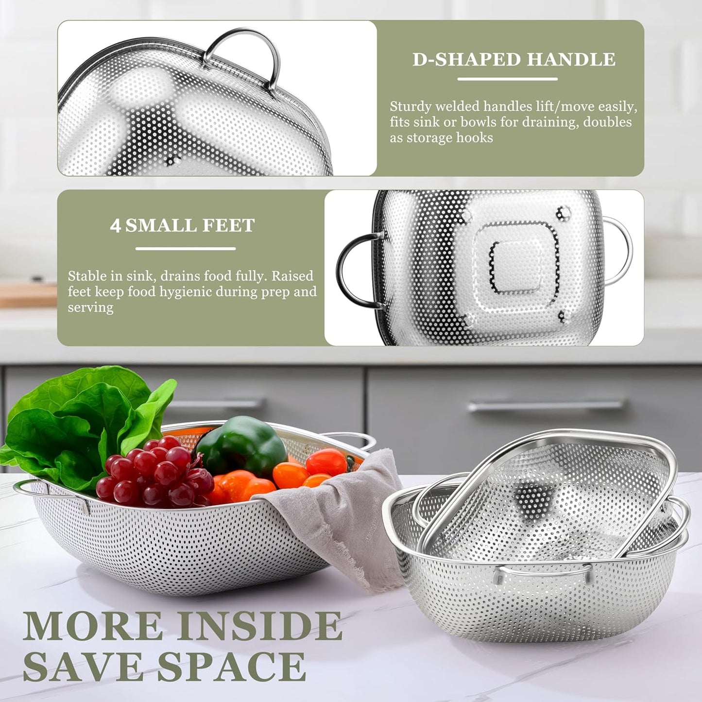 E-far 3 Pack Colander for Kitchen, Square Stainless Steel Metal Strainer Colander with Handle for Draining Food Pasta Vegetable, Micro-Perforated & Elevated Feet, Dishwasher Safe(2.4/4/6QT)