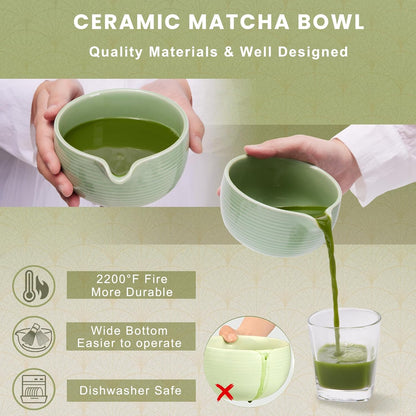 6-Piece Matcha Set, Matcha Whisk (Chasen) & Holder, Matcha Bowl with Spout, Sifter & Spoon, Bamboo & Ceramic, Dark Green