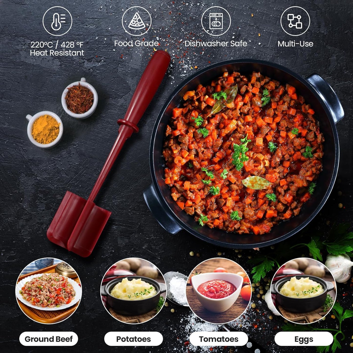 CUNSENR Premium Meat Chopper - 5 Curve Blade Ground Beef Smasher Tool - Heat-Resistant Nylon Meat Masher for Ground Beef, Hamburger, Potatoes - Non-Stick Ground Meat Chopper for Easy Mixing - Black