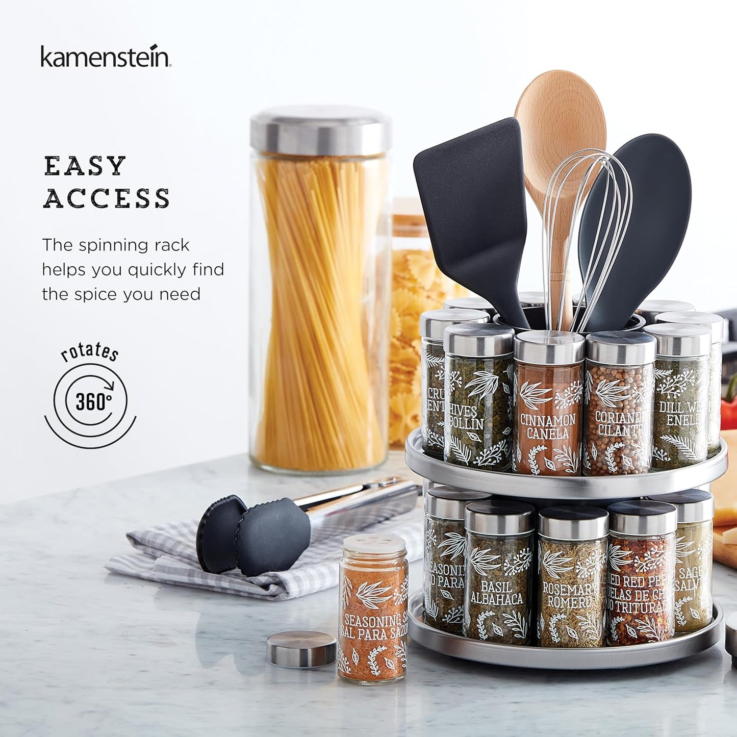 Kamenstein 20 Jar Revolving Countertop Spice Rack with Spices Included, FREE Spice Refills for 5 Years, Polished Stainless Steel with Black Caps, 30020