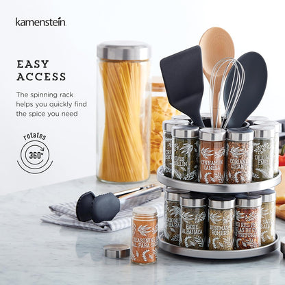 Kamenstein 20 Jar Revolving Countertop Spice Rack with Spices Included, FREE Spice Refills for 5 Years, Polished Stainless Steel with Black Caps, 30020