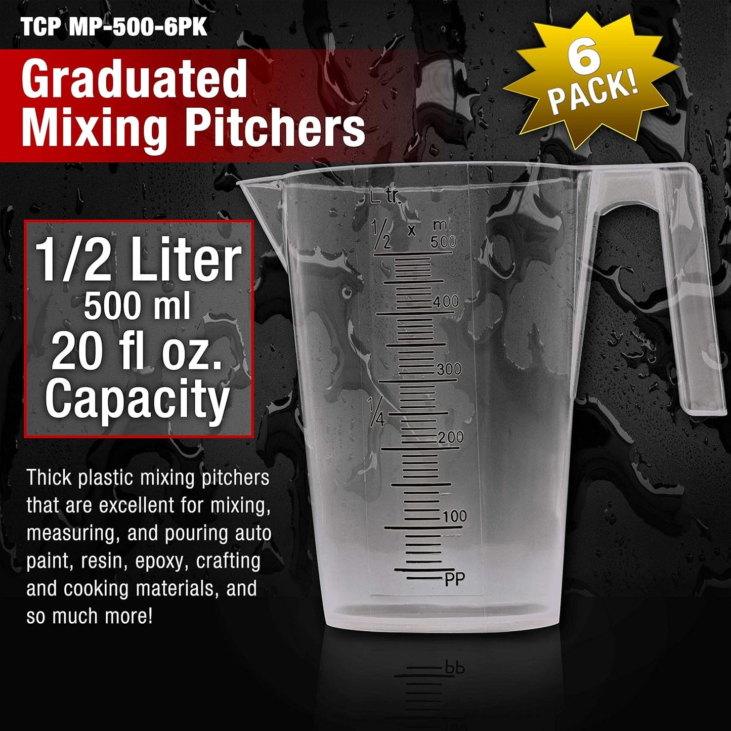 TCP Global 5 Piece Set of Plastic Graduated Measuring and Mixing Pitchers - 500, 1000 Quart, 2000, 3000, 5000 ml Gallon Sizes - Pouring Cups, Measure & Mix Paint, Resin, Epoxy, Kitchen Cooking Baking