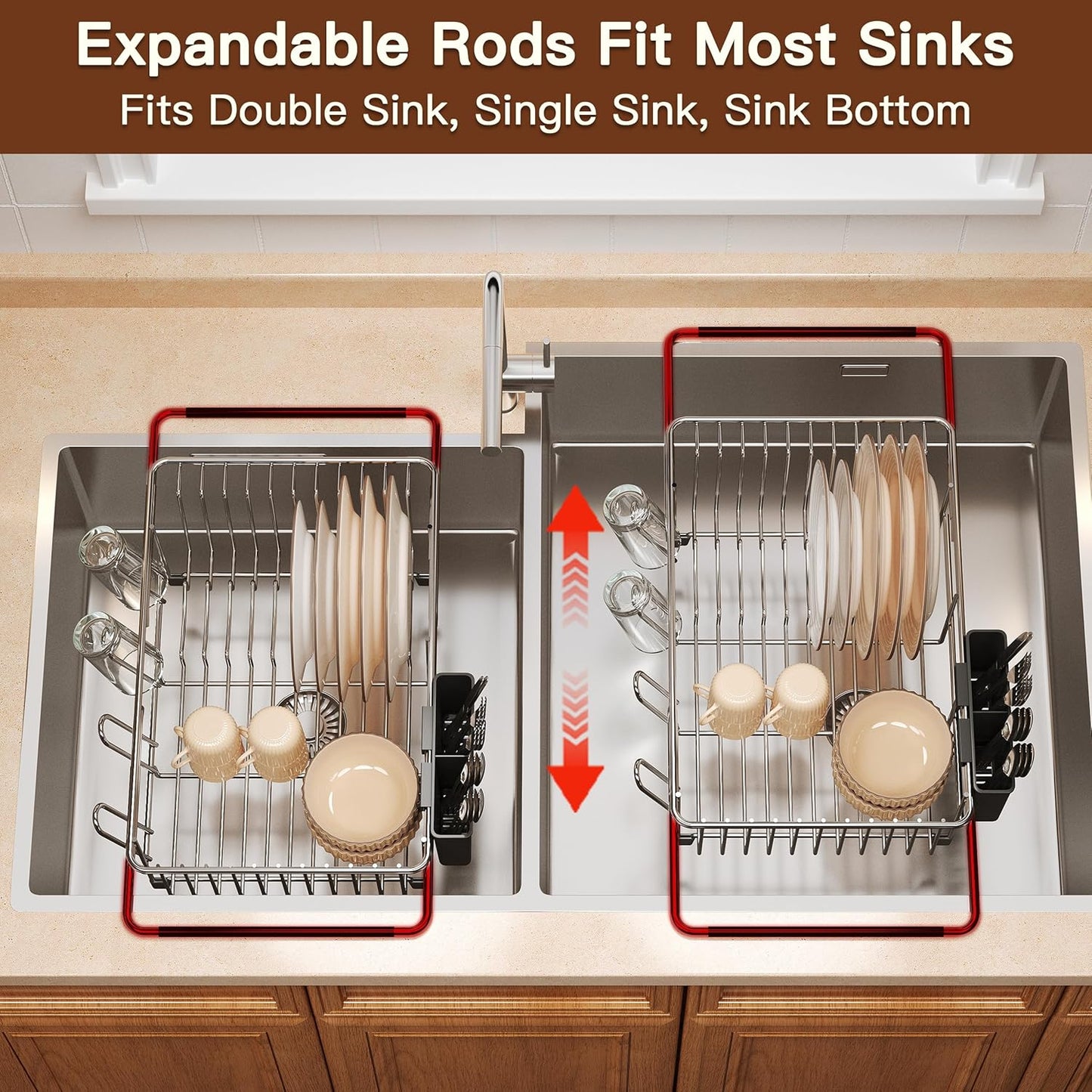 Over the Sink Expandable Dish Drainer Drying Rack In Stainless Steel for Small Kitchen, Counter Space Saving Modern Compact Metal Above Plate Dryer Strainer, Adjustable Hanging Inside Drain Holder