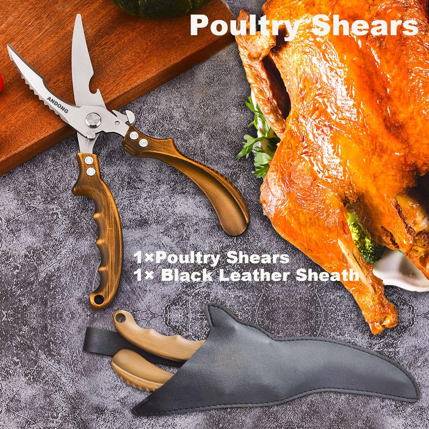 ANDONG Upgrade Heavy Duty Stainless Steel Kitchen Scissors - Professional Poultry Shears for Bone, Meat, Chicken, Fish, Turkey, Vegetables,Spring Loaded Multipurpose Ultra Sharp Utility Scissors