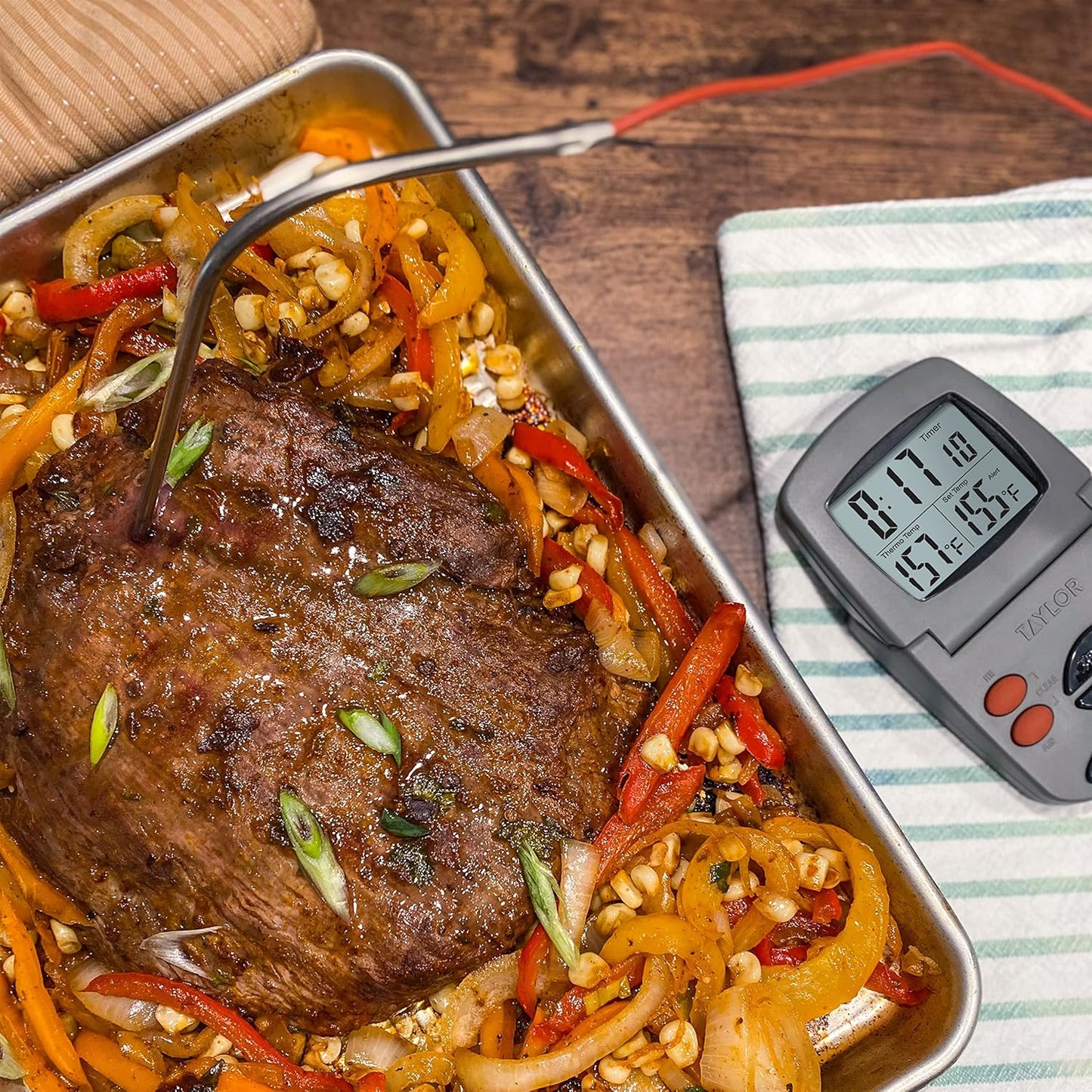 Taylor Programmable with Timer Instant Read Wired Probe Digital, Meat, Food, Grill BBQ Cooking Kitchen Thermometer with Timer, Gray