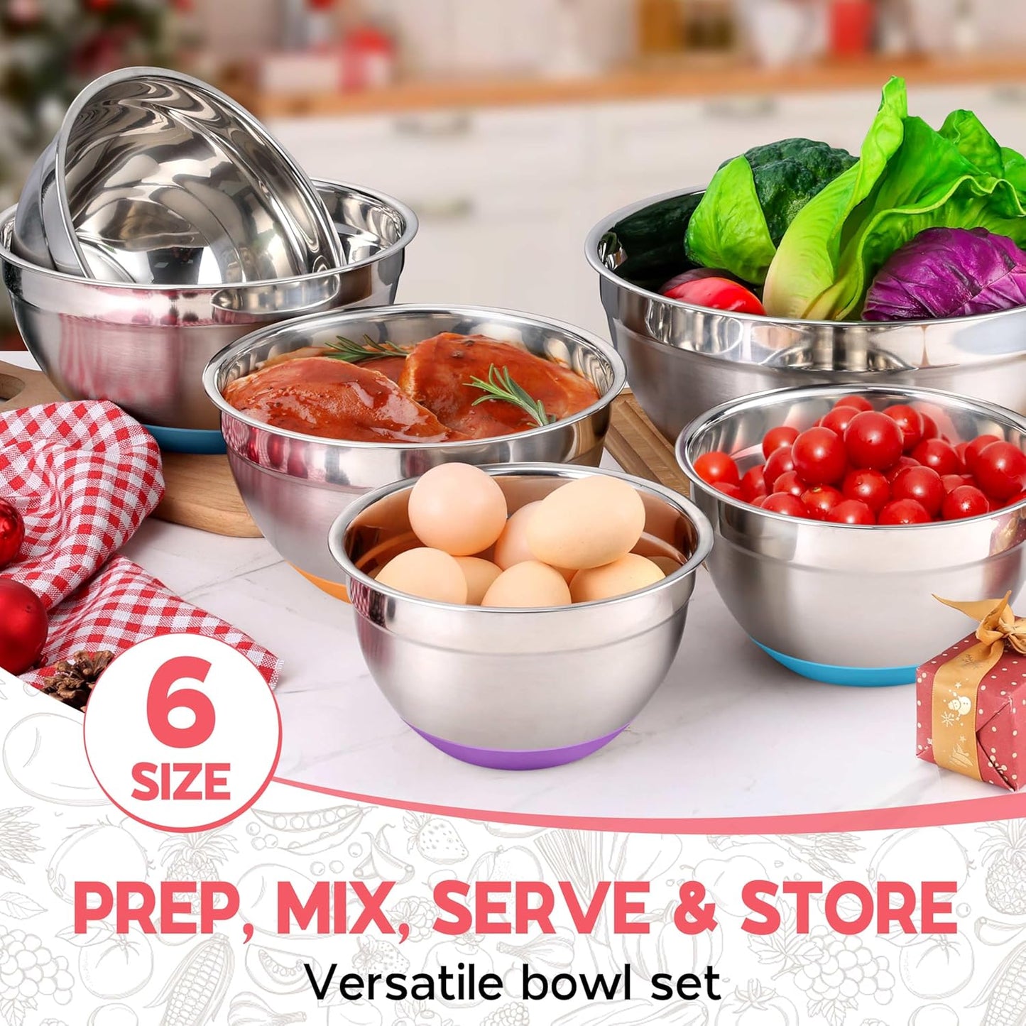 Onader Mixing Bowls with Lids Set of 6, Large Metal Nesting Mixing Bowls, Stainless Steel Non-Slip Salad Bowl Khaki – Size 1, 1.5, 2, 2.6, 3.5, 7QT