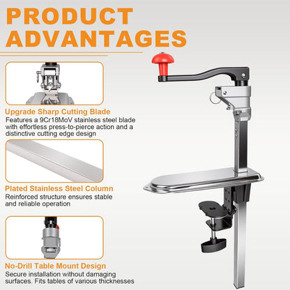 Commercial Can Opener Heavy Duty, Manual Tabletop Can Opener with 2 Blades