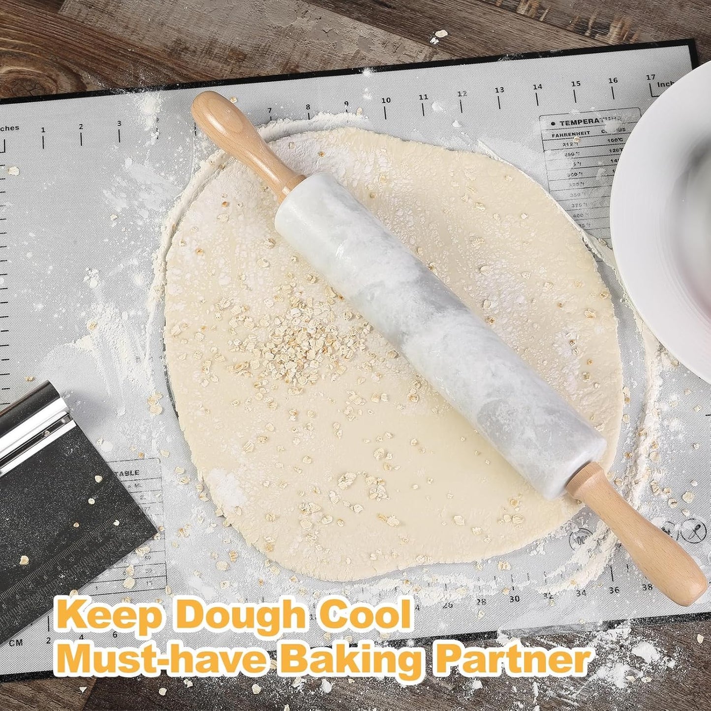 Koville African Natural Marble Rolling Pin, Non-Stick Polished Dough Roller, Pasta, Dumpling, Fondant, Pie Crust, Bread, Pizza Dough, Kitchen Baking Pastry Tools with Mat/Scraper（Namib Fantasy）