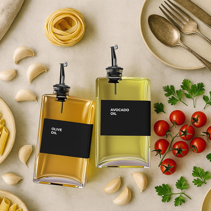 Spaceneat Olive Oil Dispenser Bottle - Includes 44 Kitchen Essential Labels - Cooking Oil Bottles for Kitchen, Coffee Syrup Dispenser - Pourer Spout with 11.8 fl oz Glass Container Cruet - 4pcs, Gold